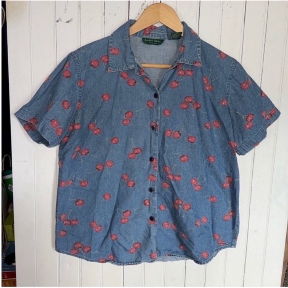 Lemon Grass Studio Button Down Shirt Denim with Cherry Design Size M